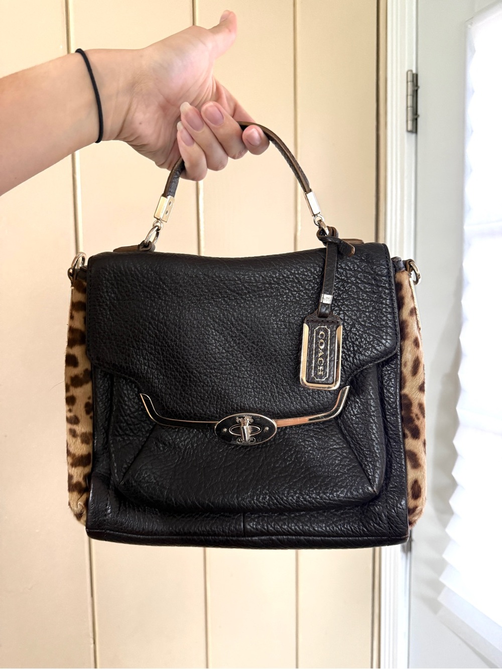 Coach Madison Turnlock Black Leather Top-Handle Sadie Flap with Leopard Accent